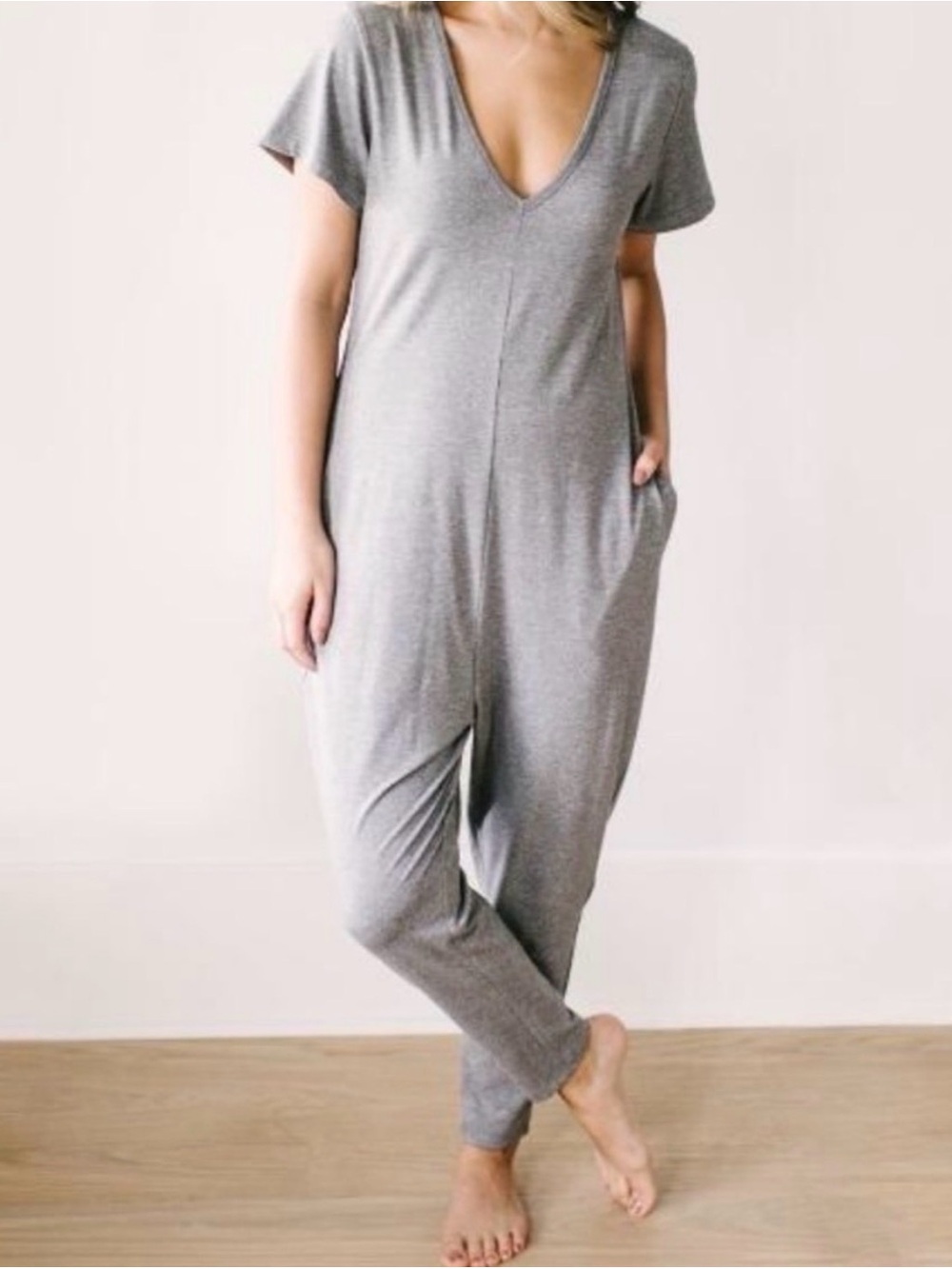 Smash + Tess Sunday Gray V-Neck Cozy Lounge Jumpsuit romper